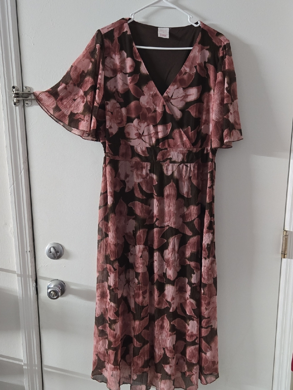 Women's Floral V-Neck Midi Dress - Pink Brown